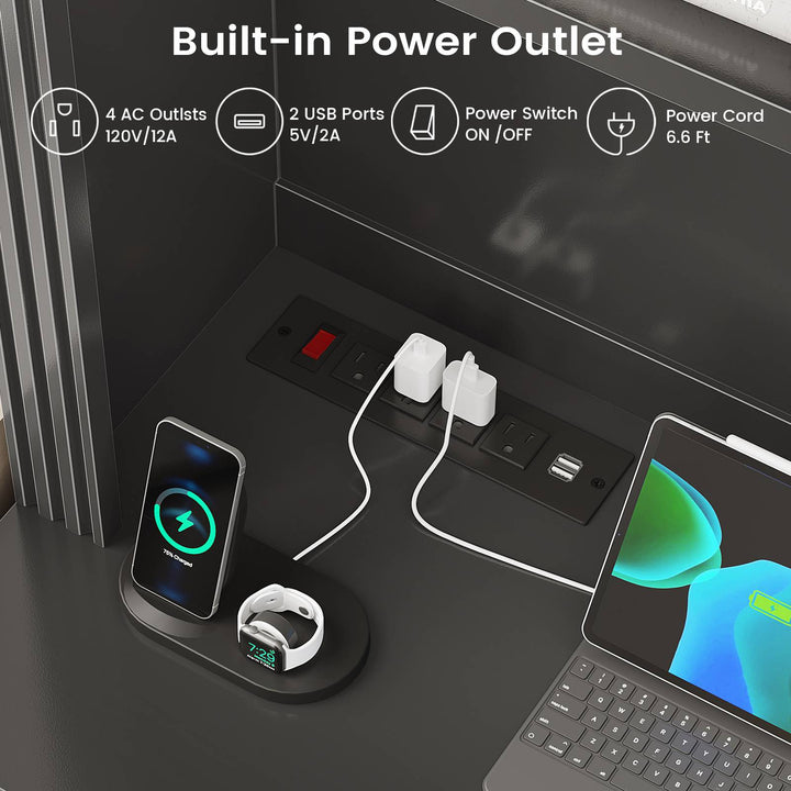 SEDETA 67 Inch Mid-Century Office Computer Desk L Shaped Desk with Tall Arched Bookshelf 3 Drawers  Storage Shelves Sliding Barn Door Power Outlets for Home Office