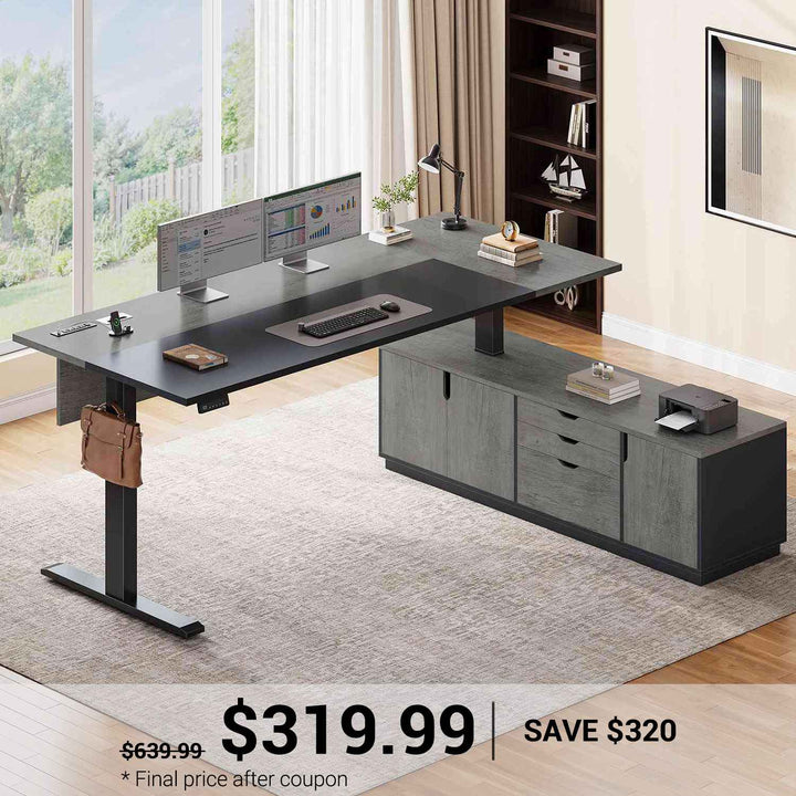 SEDETA® 71 Inch L Shaped Electric Standing Desk Height Adjustable Sit Stand Up Computer Executive Desk with Side Hook 3 Drawers Cabinet Power Outlets