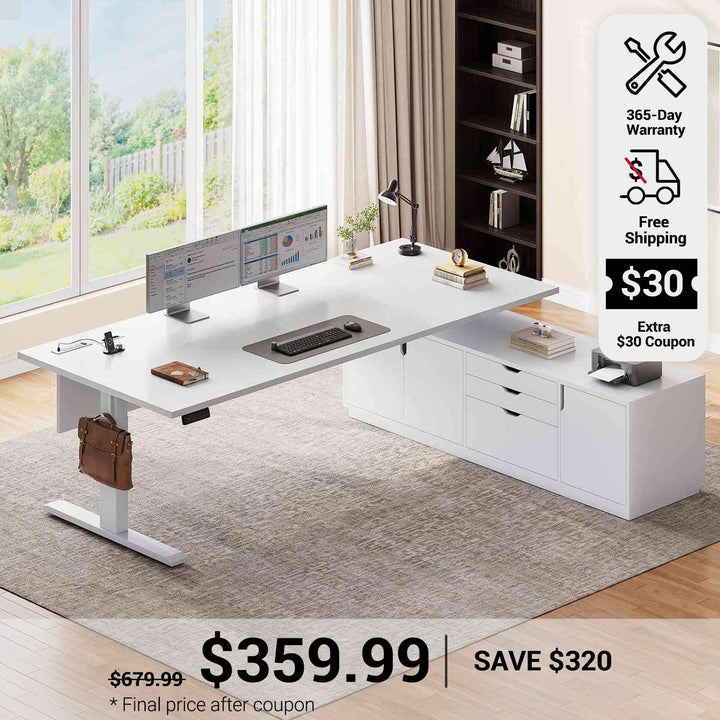 SEDETA 71 Inch Height Adjustable Electric Standing Desk L Shaped Sit Stand Up Office Executive Computer Desk with 3 Drawers Cabinet Side Hook  Power Outlets