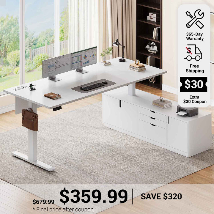 SEDETA 71 Inch Height Adjustable Electric Standing Desk L Shaped Sit Stand Up Office Executive Computer Desk with 3 Drawers Cabinet Side Hook  Power Outlets