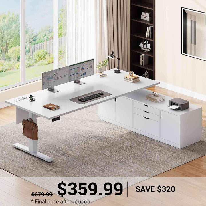 SEDETA 71 Inch Height Adjustable Electric Standing Desk L Shaped Sit Stand Up Office Executive Computer Desk with 3 Drawers Cabinet Side Hook  Power Outlets