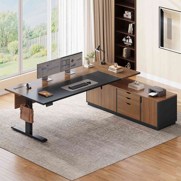 SEDETA 71 Inch Height Adjustable Electric Standing Desk L Shaped Sit Stand Up Office Executive Computer Desk with 3 Drawers Cabinet Side Hook  Power Outlets