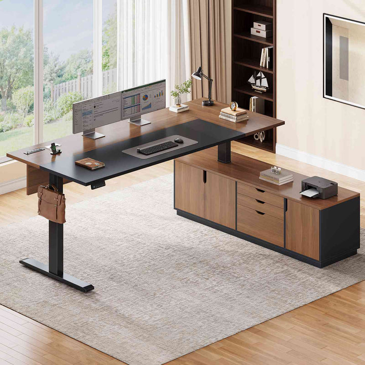 SEDETA 71 Inch Height Adjustable Electric Standing Desk L Shaped Sit Stand Up Office Executive Computer Desk with 3 Drawers Cabinet Side Hook  Power Outlets