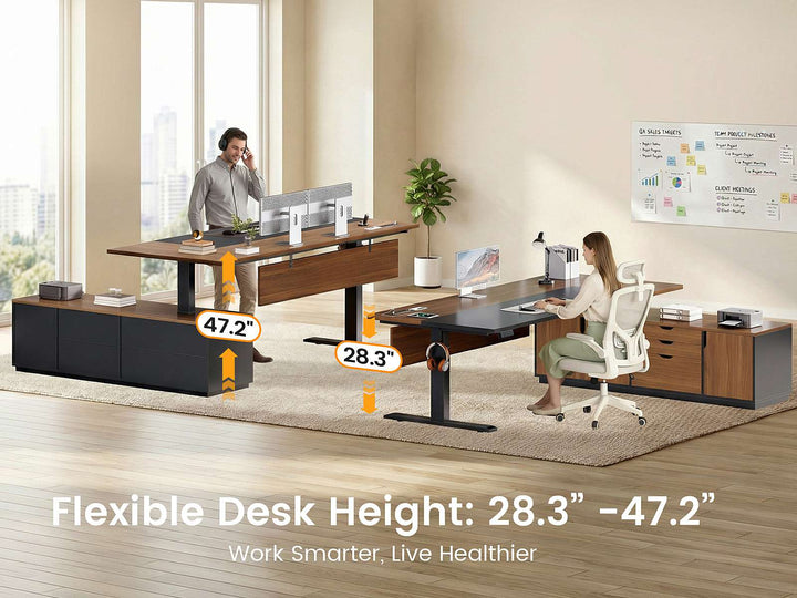 SEDETA 71 Inch Height Adjustable Electric Standing Desk L Shaped Sit Stand Up Office Executive Computer Desk with 3 Drawers Cabinet Side Hook  Power Outlets