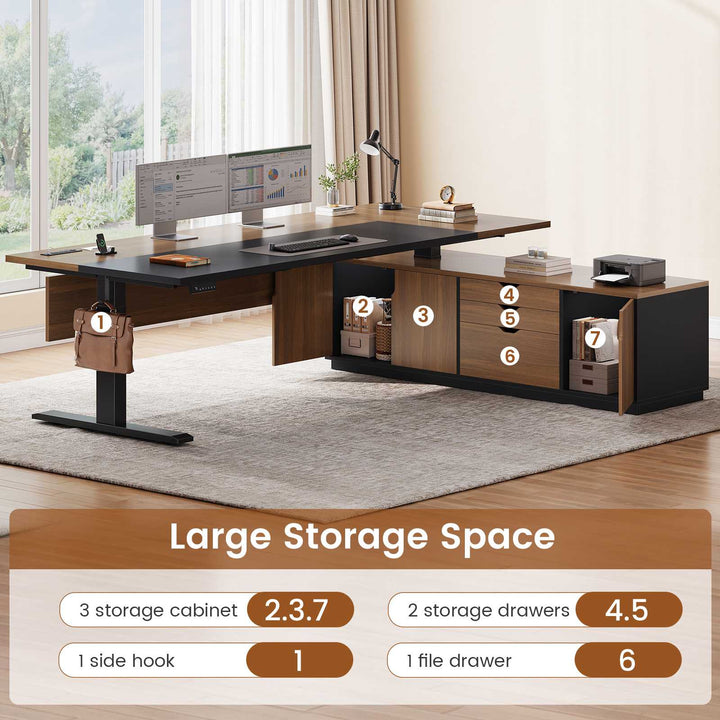 SEDETA 71 Inch Height Adjustable Electric Standing Desk L Shaped Sit Stand Up Office Executive Computer Desk with 3 Drawers Cabinet Side Hook  Power Outlets