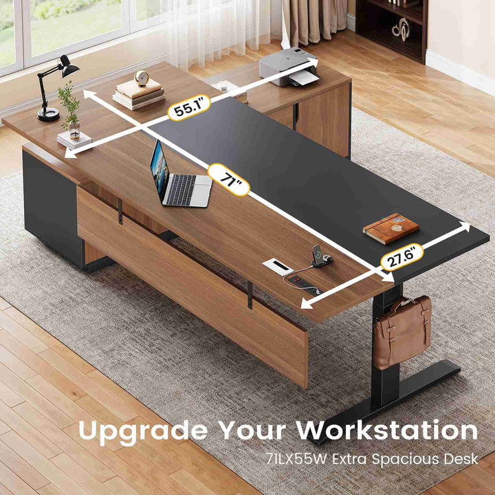 SEDETA 71 Inch Height Adjustable Electric Standing Desk L Shaped Sit Stand Up Office Executive Computer Desk with 3 Drawers Cabinet Side Hook  Power Outlets