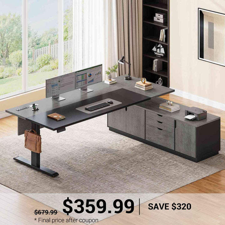 SEDETA 71 Inch Height Adjustable Electric Standing Desk L Shaped Sit Stand Up Office Executive Computer Desk with 3 Drawers Cabinet Side Hook  Power Outlets