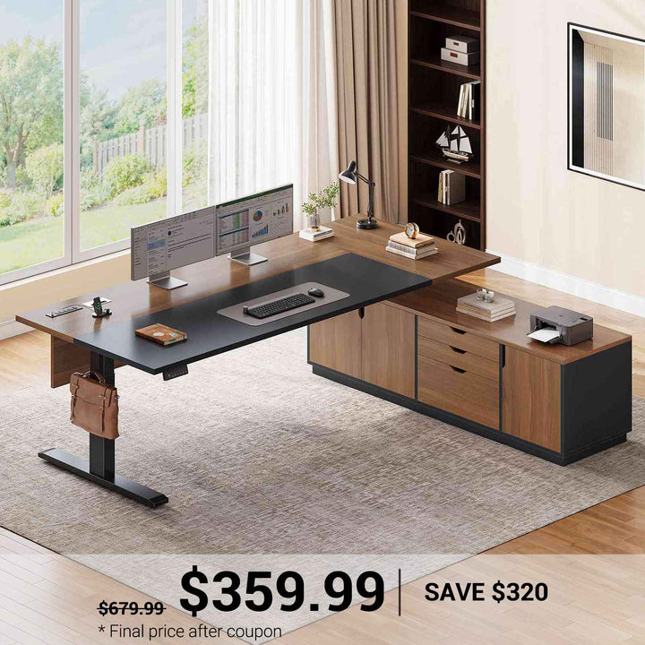 SEDETA 71 Inch Height Adjustable Electric Standing Desk L Shaped Sit Stand Up Office Executive Computer Desk with 3 Drawers Cabinet Side Hook  Power Outlets