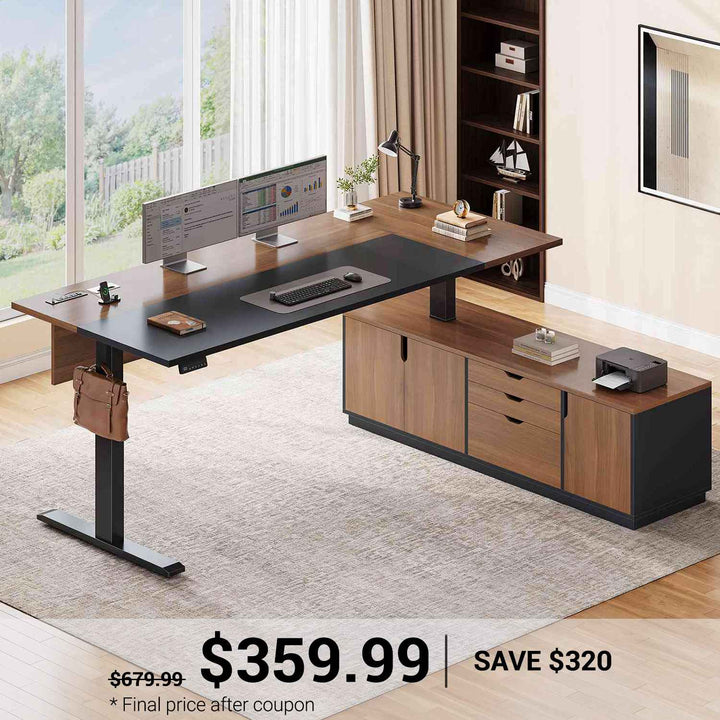SEDETA 71 Inch Height Adjustable Electric Standing Desk L Shaped Sit Stand Up Office Executive Computer Desk with 3 Drawers Cabinet Side Hook  Power Outlets