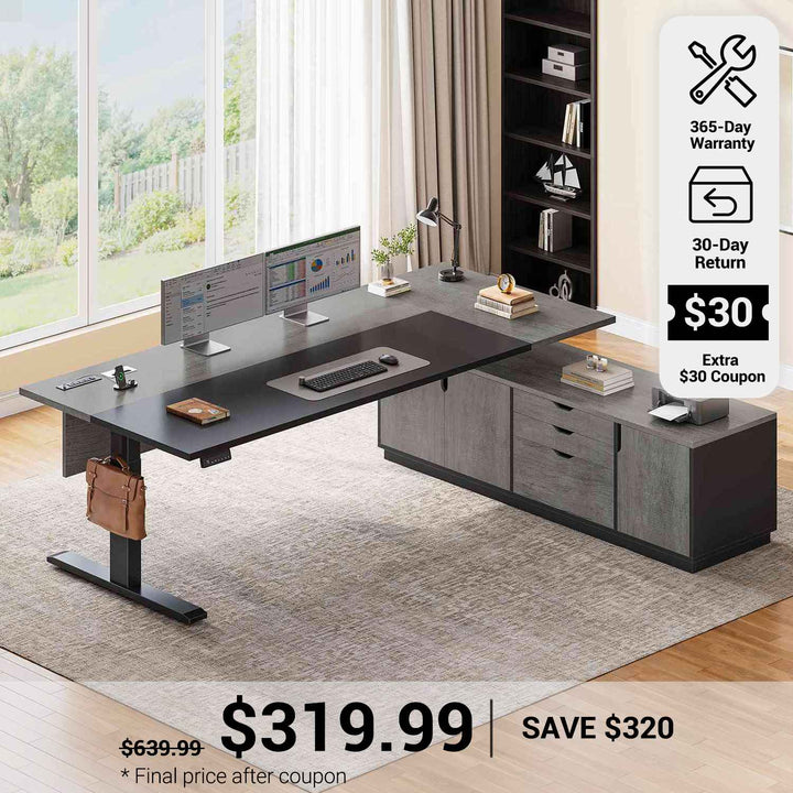 SEDETA® 71 Inch L Shaped Electric Standing Desk Height Adjustable Sit Stand Up Computer Executive Desk with Side Hook 3 Drawers Cabinet Power Outlets