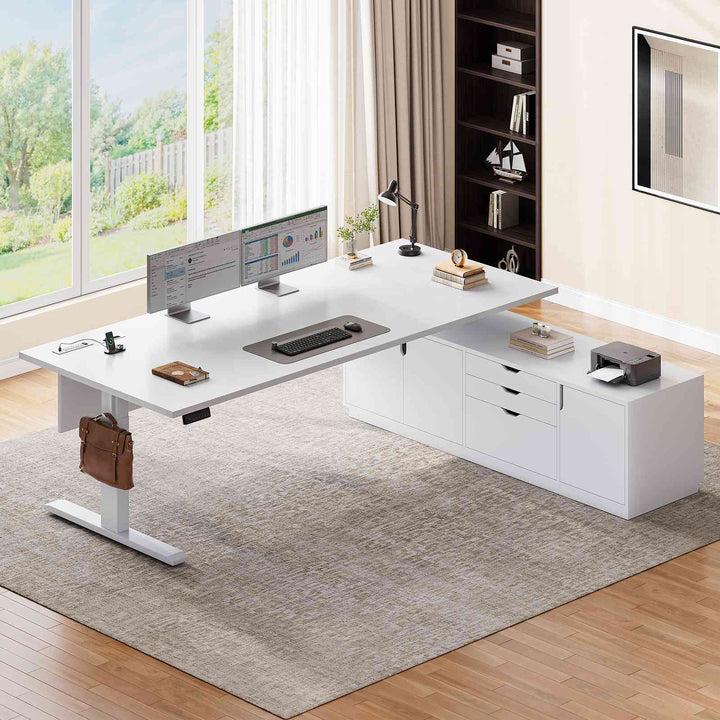SEDETA 71 Inch Height Adjustable Electric Standing Desk L Shaped Sit Stand Up Office Executive Computer Desk with 3 Drawers Cabinet Side Hook  Power Outlets