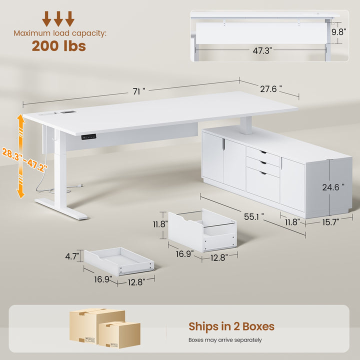 SEDETA 71 Inch Height Adjustable Electric Standing Desk L Shaped Sit Stand Up Office Executive Computer Desk with 3 Drawers Cabinet Side Hook  Power Outlets