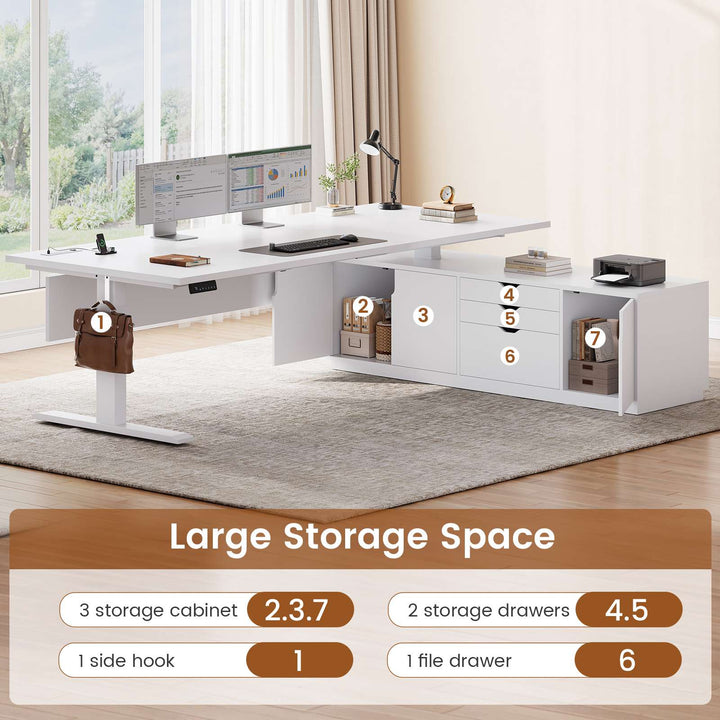 SEDETA 71 Inch Height Adjustable Electric Standing Desk L Shaped Sit Stand Up Office Executive Computer Desk with 3 Drawers Cabinet Side Hook  Power Outlets