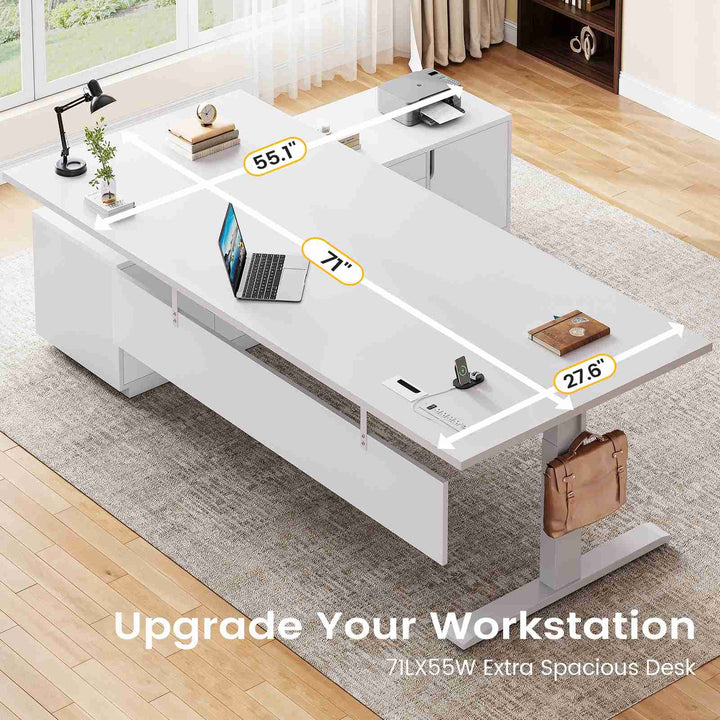 SEDETA 71 Inch Height Adjustable Electric Standing Desk L Shaped Sit Stand Up Office Executive Computer Desk with 3 Drawers Cabinet Side Hook  Power Outlets