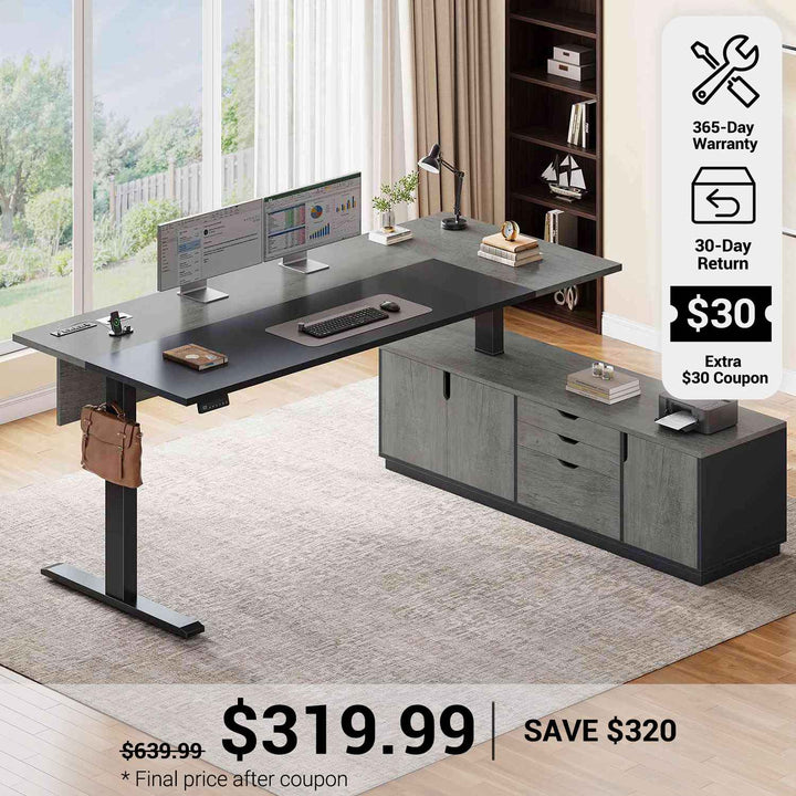 SEDETA® 71 Inch L Shaped Electric Standing Desk Height Adjustable Sit Stand Up Computer Executive Desk with Side Hook 3 Drawers Cabinet Power Outlets