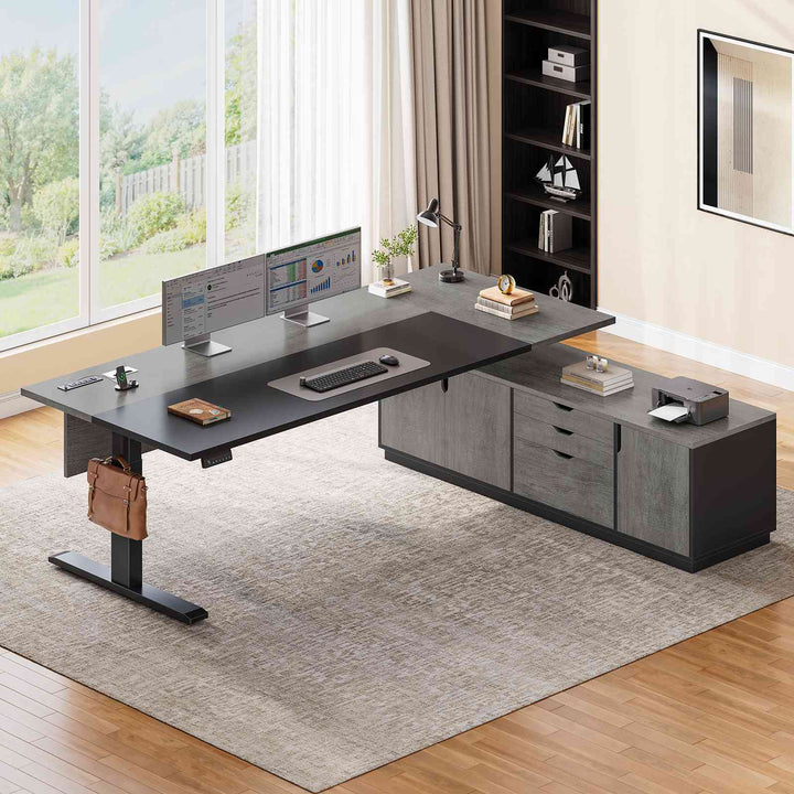 SEDETA 71 Inch Height Adjustable Electric Standing Desk L Shaped Sit Stand Up Office Executive Computer Desk with 3 Drawers Cabinet Side Hook  Power Outlets