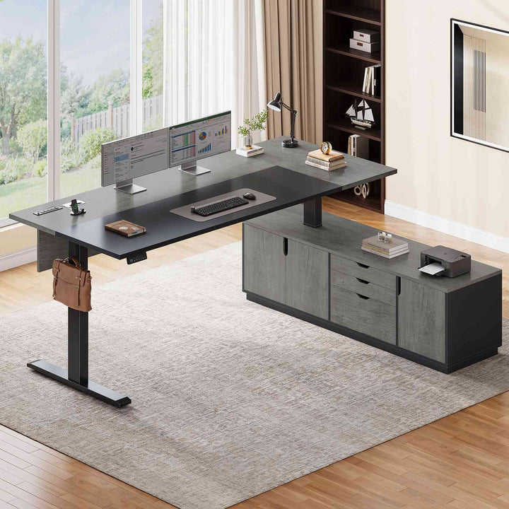 SEDETA 71 Inch Height Adjustable Electric Standing Desk L Shaped Sit Stand Up Office Executive Computer Desk with 3 Drawers Cabinet Side Hook  Power Outlets