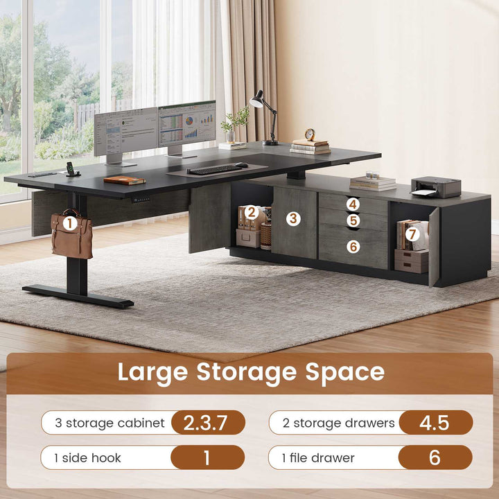 SEDETA 71 Inch Height Adjustable Electric Standing Desk L Shaped Sit Stand Up Office Executive Computer Desk with 3 Drawers Cabinet Side Hook  Power Outlets