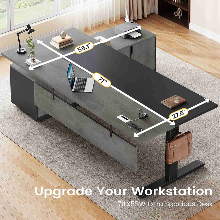 SEDETA 71 Inch Height Adjustable Electric Standing Desk L Shaped Sit Stand Up Office Executive Computer Desk with 3 Drawers Cabinet Side Hook  Power Outlets