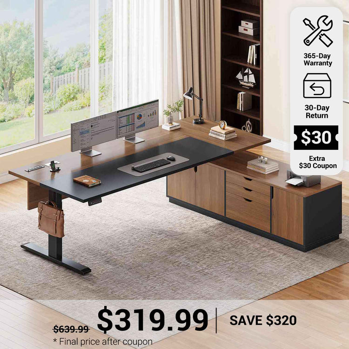 SEDETA® 71 Inch L Shaped Electric Standing Desk Height Adjustable Sit Stand Up Computer Executive Desk with Side Hook 3 Drawers Cabinet Power Outlets