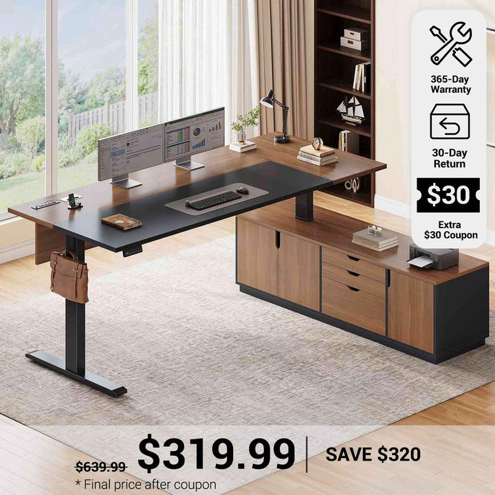 SEDETA® 71 Inch L Shaped Electric Standing Desk Height Adjustable Sit Stand Up Computer Executive Desk with Side Hook 3 Drawers Cabinet Power Outlets
