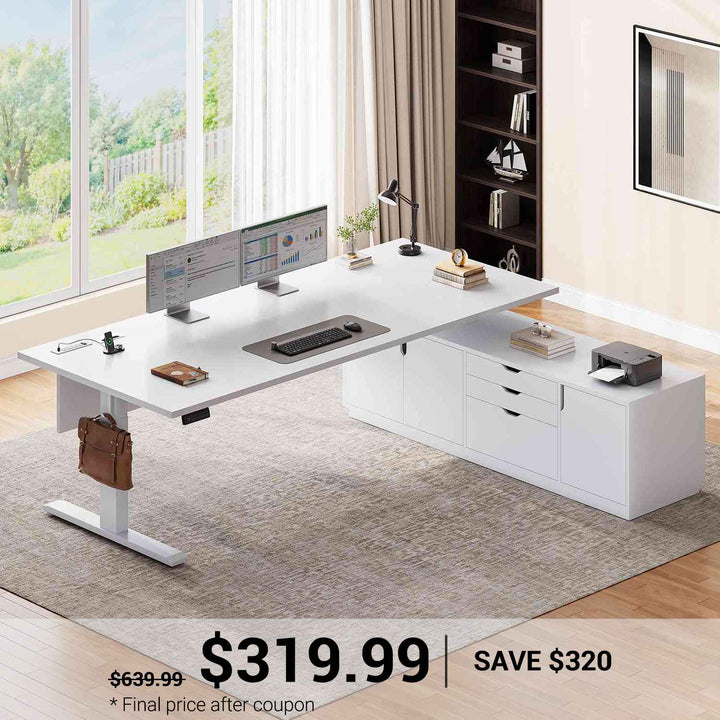 SEDETA® 71 Inch L Shaped Electric Standing Desk Height Adjustable Sit Stand Up Computer Executive Desk with Side Hook 3 Drawers Cabinet Power Outlets