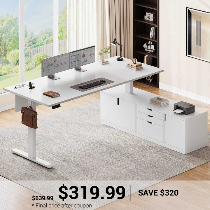 SEDETA® 71 Inch L Shaped Electric Standing Desk Height Adjustable Sit Stand Up Computer Executive Desk with Side Hook 3 Drawers Cabinet Power Outlets