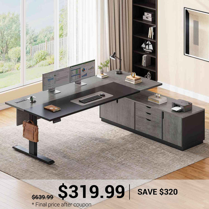 SEDETA® 71 Inch L Shaped Electric Standing Desk Height Adjustable Sit Stand Up Computer Executive Desk with Side Hook 3 Drawers Cabinet Power Outlets