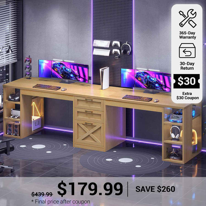 SEDETA® 96.5 Inch Two Person Farmhouse Computer Desk with Drawers and Storage Shelves for Home Office