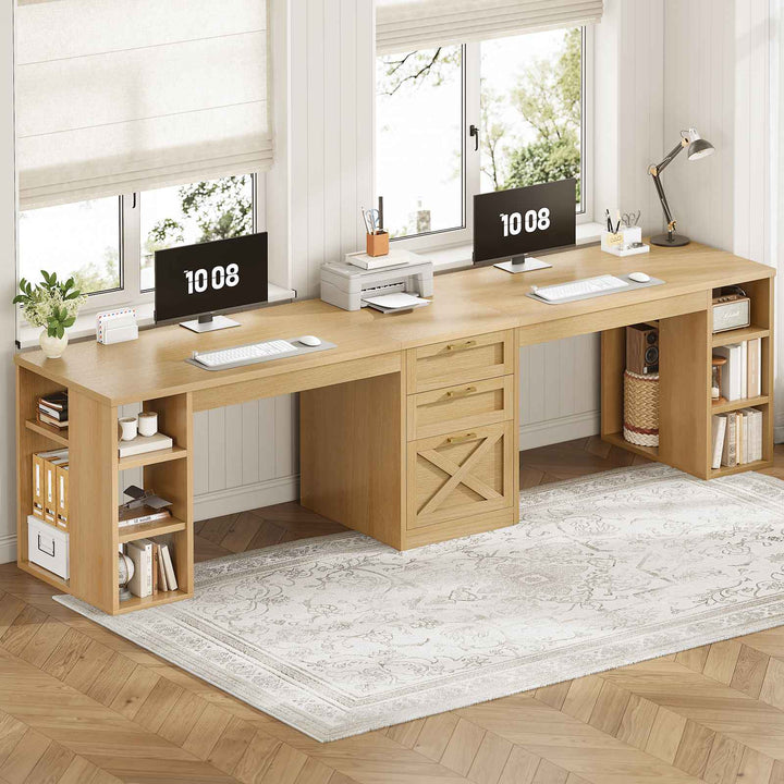 SEDETA® 96.5 Inch Two Person Farmhouse Computer Desk with Drawers and Storage Shelves for Home Office