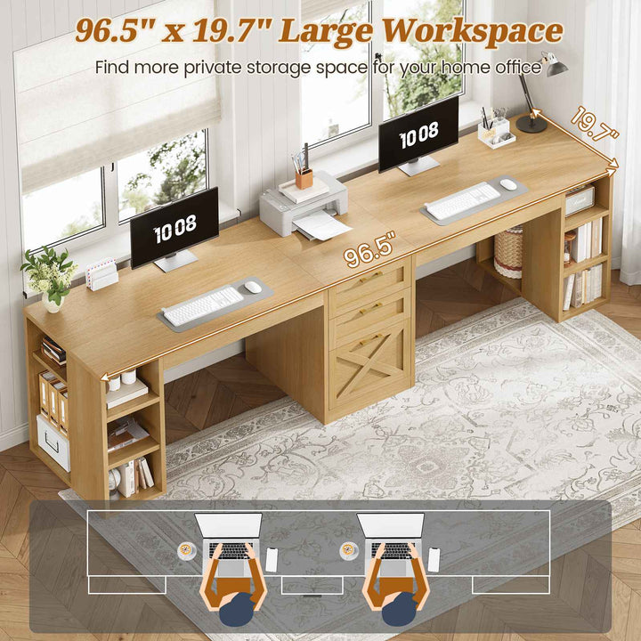 SEDETA® 96.5 Inch Two Person Farmhouse Computer Desk with Drawers and Storage Shelves for Home Office