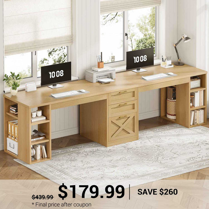 SEDETA® 96.5 Inch Two Person Farmhouse Computer Desk with Drawers and Storage Shelves for Home Office