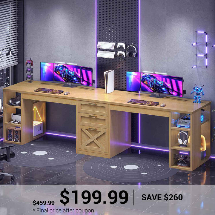 SEDETA 96.5 Inch Long Two Person Farmhouse Computer Desk Writing Desk with Drawers Storage Shelves