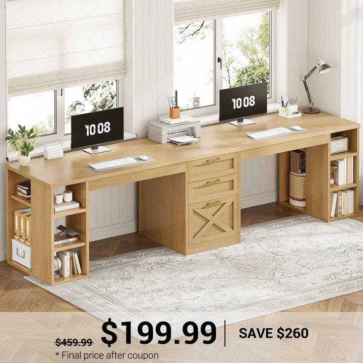 SEDETA 96.5 Inch Long Two Person Farmhouse Computer Desk Writing Desk with Drawers Storage Shelves