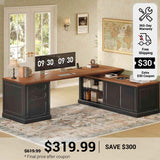 SEDETA 70.9 Inch Vintage L Shaped Computer Desk Reversible 105 Inch Long Executive Desk with Drawers Storage Cabinet Shelves Printer Stand Power Outlet