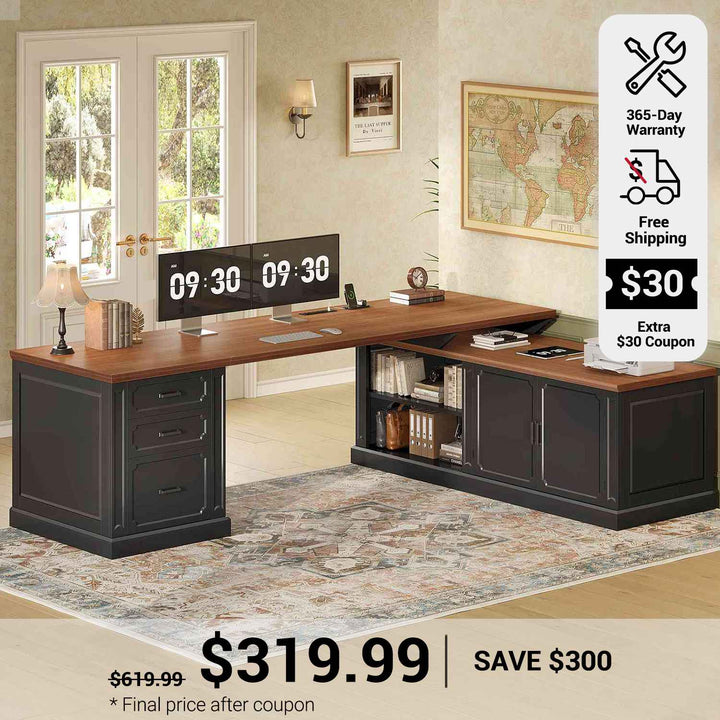 SEDETA 70.9 Inch Vintage L Shaped Computer Desk Reversible 105 Inch Long Executive Desk with Drawers Storage Cabinet Shelves Printer Stand Power Outlet