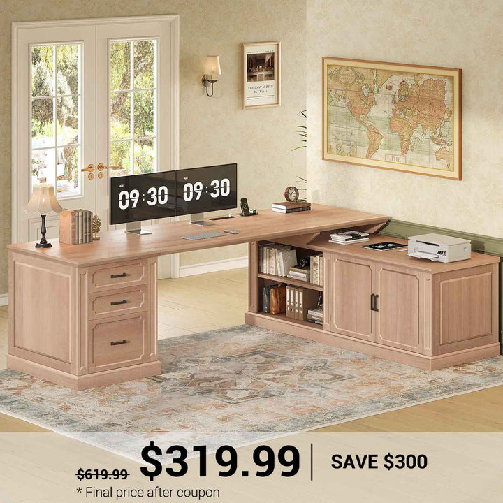 SEDETA 70.9 Inch Vintage L Shaped Computer Desk Reversible 105 Inch Long Executive Desk with Drawers Storage Cabinet Shelves Printer Stand Power Outlet