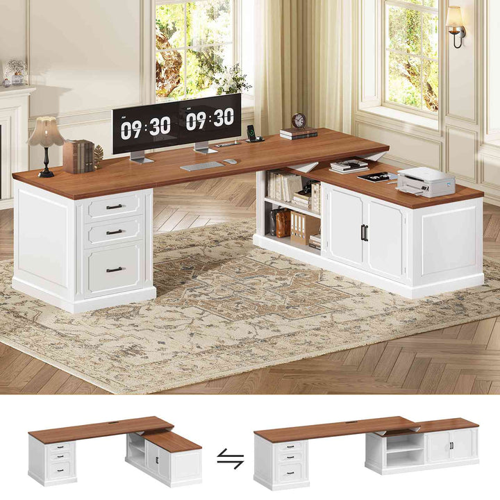 SEDETA 70.9 Inch Vintage L Shaped Computer Desk Reversible 105 Inch Long Executive Desk with Drawers Storage Cabinet Shelves Printer Stand Power Outlet