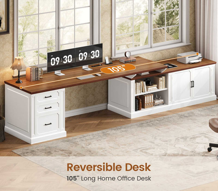 SEDETA 70.9 Inch Vintage L Shaped Computer Desk Reversible 105 Inch Long Executive Desk with Drawers Storage Cabinet Shelves Printer Stand Power Outlet