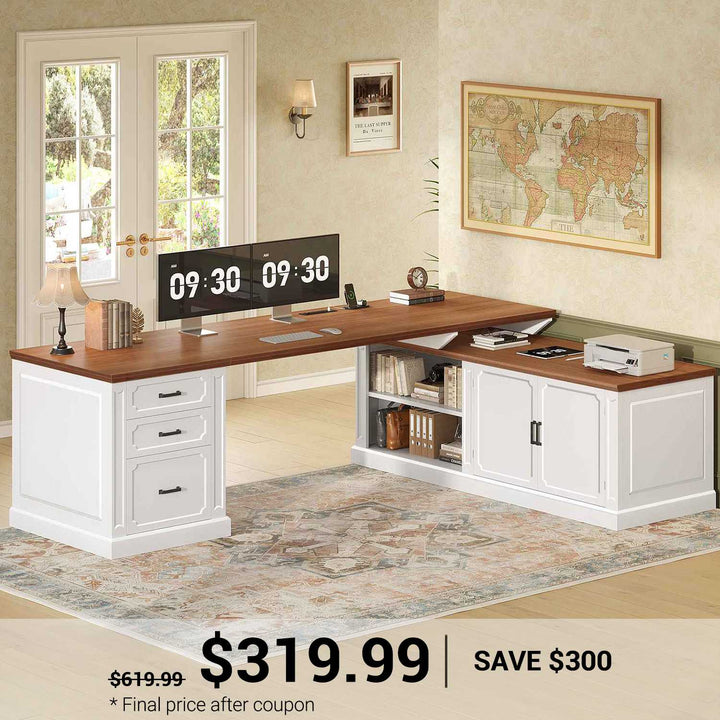 SEDETA 70.9 Inch Vintage L Shaped Computer Desk Reversible 105 Inch Long Executive Desk with Drawers Storage Cabinet Shelves Printer Stand Power Outlet