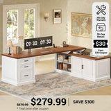 SEDETA® 70.9 Inch Vintage L Shaped Computer Desk Reversible 105 Inch Long Two Person Executive Desk with Printer Stand Power Outlet Drawers Storage Cabinet