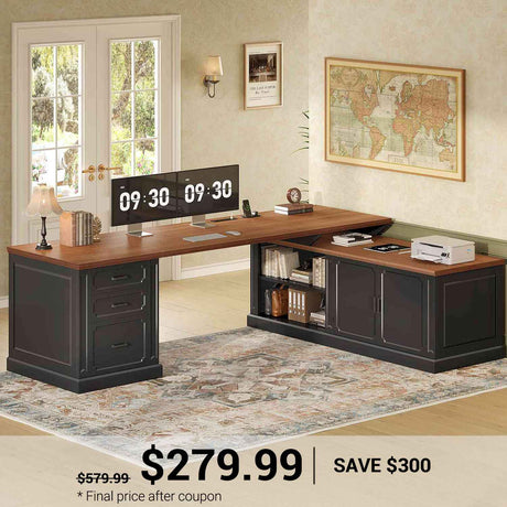 SEDETA | 70.9 Inch Farmhouse L Shaped Computer Desk Reversible 105 Inch Long Executive Desk with Printer Stand Storage Cabinet Shelves Drawers Power Outlet