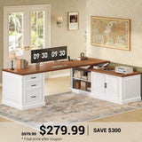 SEDETA | 70.9 Inch Farmhouse L Shaped Computer Desk Reversible 105 Inch Long Executive Desk with Printer Stand Storage Cabinet Shelves Drawers Power Outlet