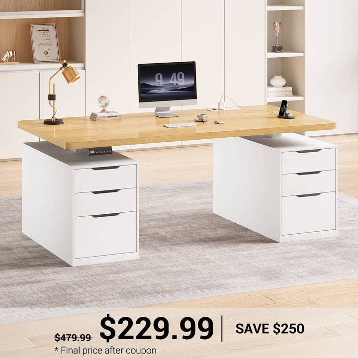 SEDETA | 55 Inch Sit Stand Adjustable Computer Desks with Power Outlets Electric Standing Desk with 6 Drawers Stand up Desk with Storage