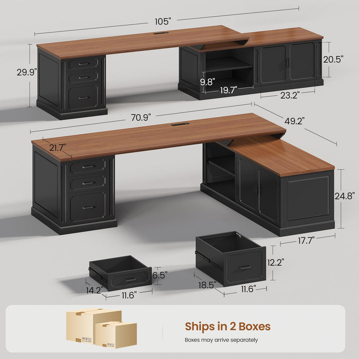 SEDETA 70.9 Inch Vintage L Shaped Computer Desk Reversible 105 Inch Long Executive Desk with Drawers Storage Cabinet Shelves Printer Stand Power Outlet