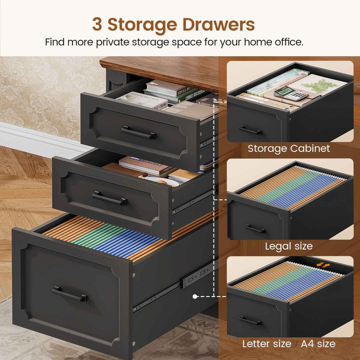 SEDETA 70.9 Inch Vintage L Shaped Computer Desk Reversible 105 Inch Long Executive Desk with Drawers Storage Cabinet Shelves Printer Stand Power Outlet