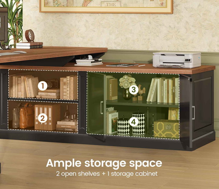 SEDETA 70.9 Inch Vintage L Shaped Computer Desk Reversible 105 Inch Long Executive Desk with Drawers Storage Cabinet Shelves Printer Stand Power Outlet