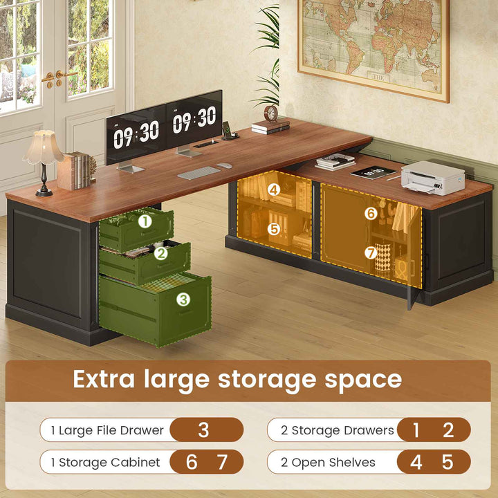 SEDETA 70.9 Inch Vintage L Shaped Computer Desk Reversible 105 Inch Long Executive Desk with Drawers Storage Cabinet Shelves Printer Stand Power Outlet