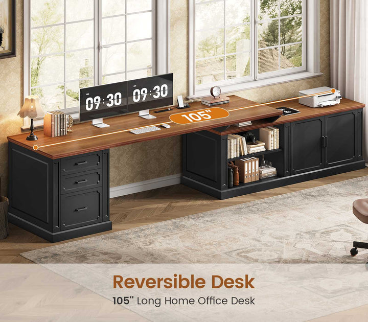 SEDETA 70.9 Inch Vintage L Shaped Computer Desk Reversible 105 Inch Long Executive Desk with Drawers Storage Cabinet Shelves Printer Stand Power Outlet