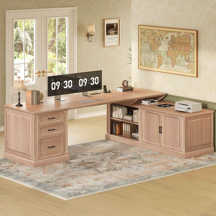 SEDETA 70.9 Inch Vintage L Shaped Computer Desk Reversible 105 Inch Long Executive Desk with Drawers Storage Cabinet Shelves Printer Stand Power Outlet